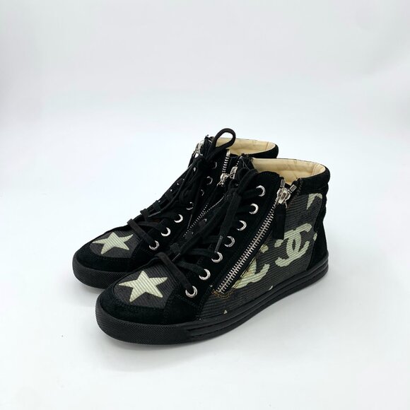 Chanel Black Double-G and Star Lace-Up High-Top Sneakers - Picture 1 of 9